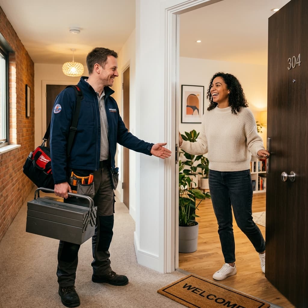 Professional plumber arriving at a modern apartment