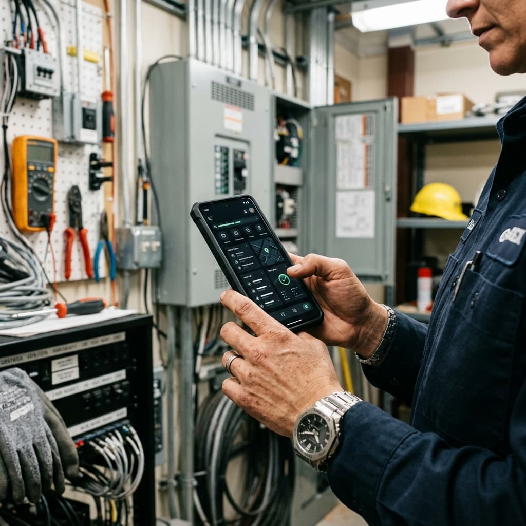 Tradesworker using organized mobile work order app