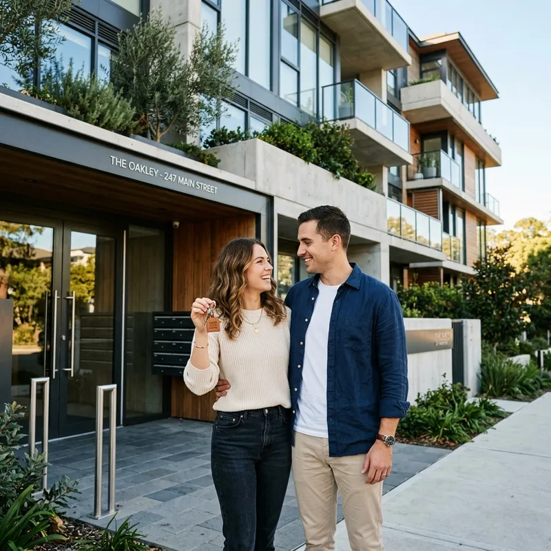 Happy tenants in front of their new home
